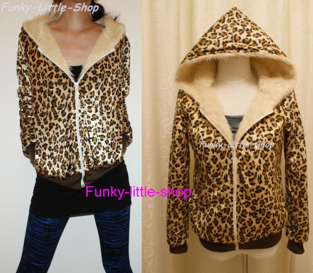 Leopard print faux fur jacket hoodie punk rock emo J106  