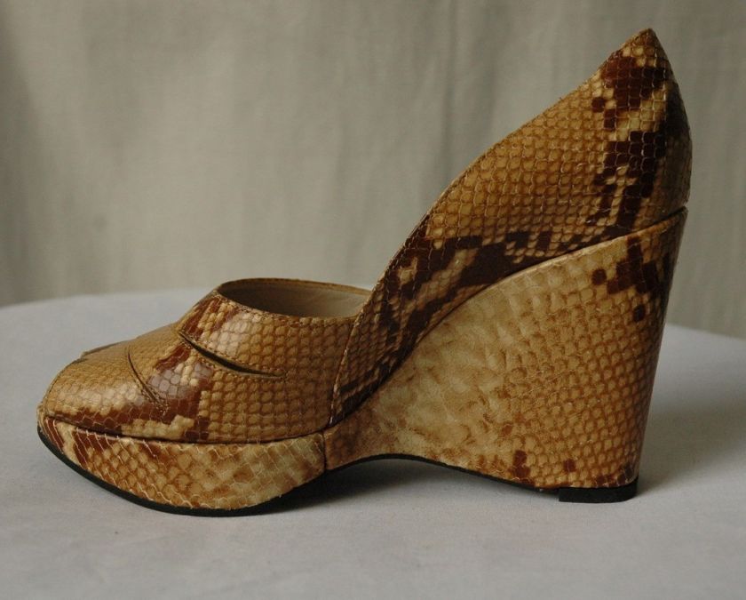 ROBERT CLERGERIE Snake Peep Toe Platform Wedge Heel 7  