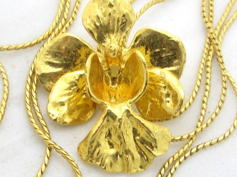   24K GOLD PLATED GENUINE ORCHID FLOWER LARIAT SLIDE NECKLACE*RISIS*20g