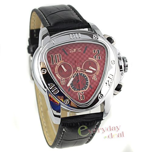 New Triangle Red Case Men Wrist Watch Date Week 12/24H Auto 