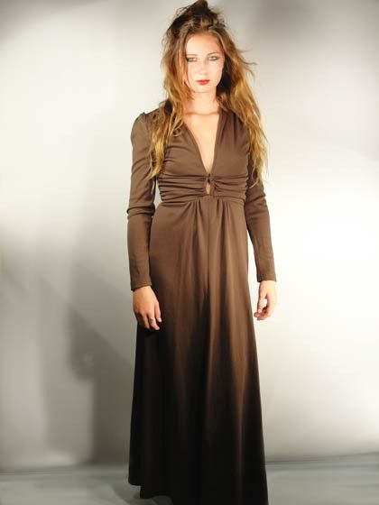 Original 1970s Brown PLUNGING Vintage MAXI KEYHOLE Dress xs m NEW OLD 