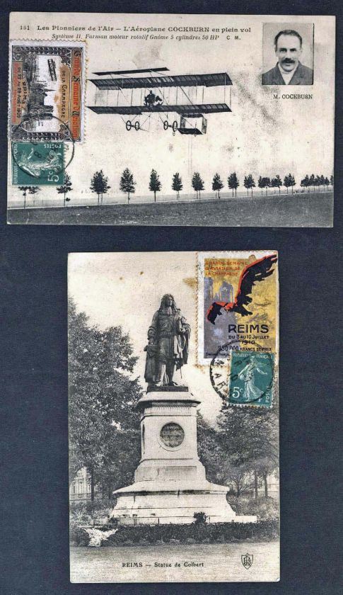 AviationFranceReims 1909 + 1910 cards, tied vignettes  
