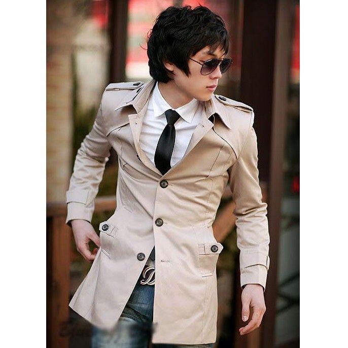 Korean Fashion Mens Slim Fit Stylish Trench Coat Wind Jacket 2 Colors 