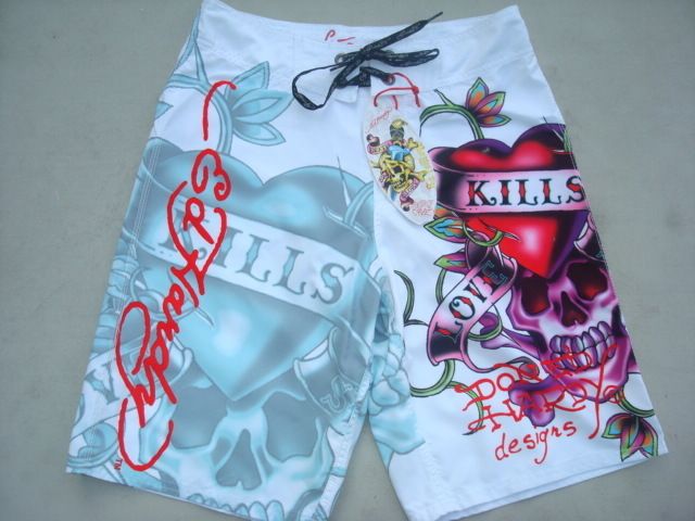 ED HARDY MEN WHITE NEW BOARD SWIM SHORT LOVE KILLS SLOW  