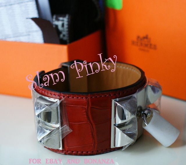 Hermes Rouge Red Croc CROCODILE CDC Collier De Chien Palladium Cuff 