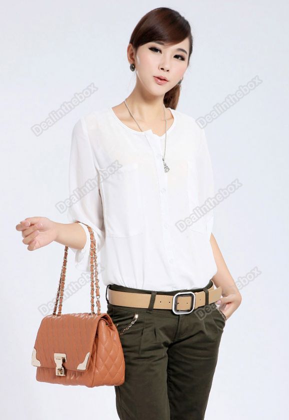 Fashion Women Simple Basic Sheer Chiffon T Shirt Blouse With Pockets 2 