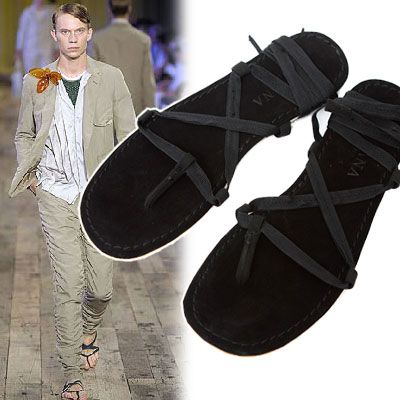 Runway Mens String Thongs Gladiator Suede Sandals_Black  