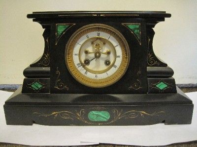 French black mantle clock w/ Marble Inlays   Circa 1890  