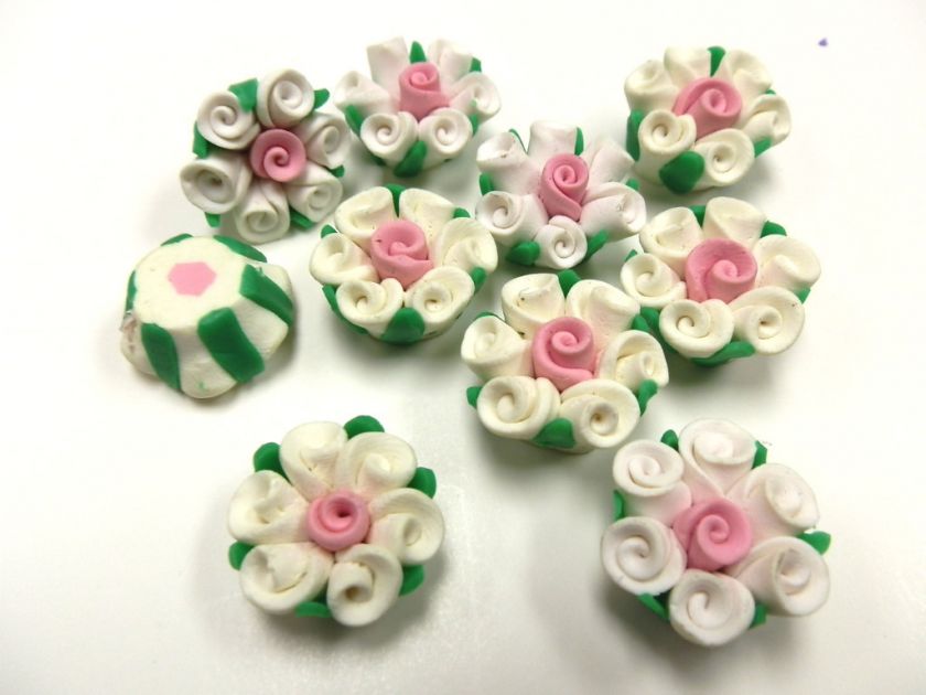 New 10 Fimo Clay Rose White Pink Bouquet Flowers Beads 20mm  