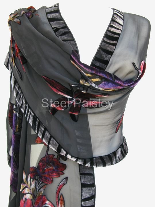 Floral Burnout Silk Velvet Stole Scarf Shawl Black  