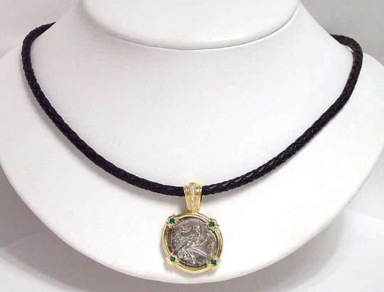 18k GOLD SILVER DIAMONDS COIN PENDANT LEATHER NECKLACE  