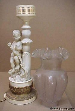 Alabaster Figural Boy Bird Victorian Lamp Etched Shade  