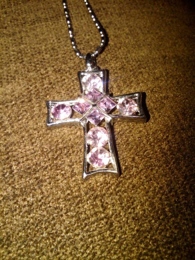 Silvertone Cross Amethyst Colored Stones 28 Necklace  