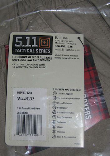 Mens 5.11 Tactical Flannel Lined Pants Khaki Size 44x32 NIP  