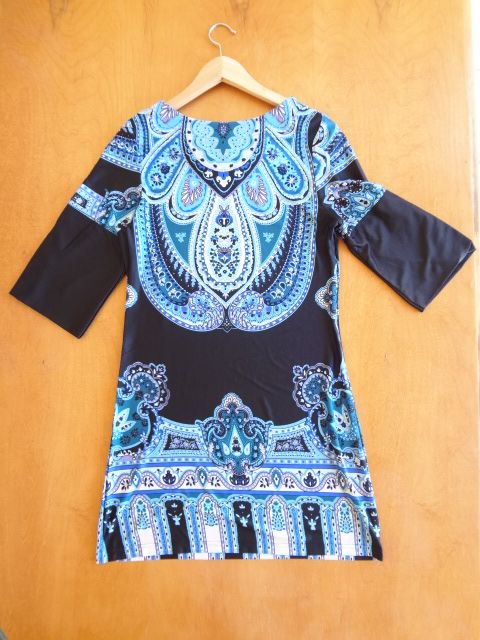 Beautiful Blue Mosaic Dress & anthropologie earrings size L  