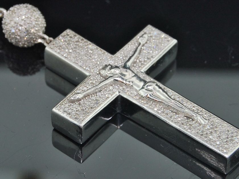 WHITE GOLD FINISH 7 CT DIAMOND JESUS ROSARY CHAIN CHARM  