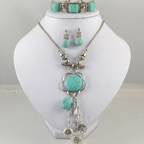   Tibetan Silver Turquoise Necklace Bracelet Earring Jewelry Set S06