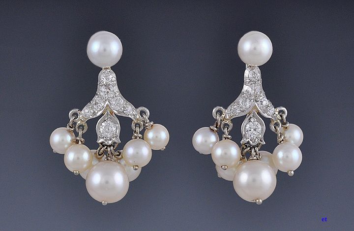 ANTIQUE GOLD PEARL PLATINUM & DIAMOND EARRINGS  