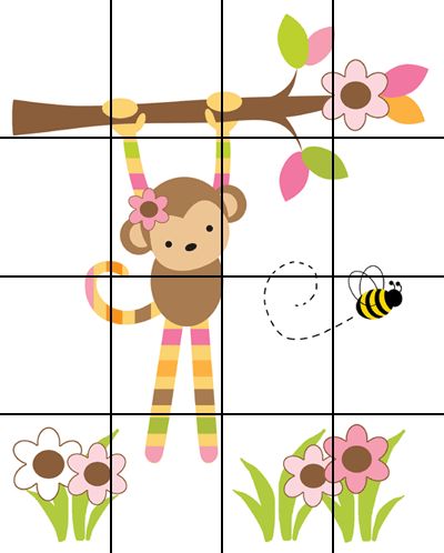 JUNGLE MONKEY BEE PINK BROWN GREEN BABY GIRL NURSERY WALL MURAL 