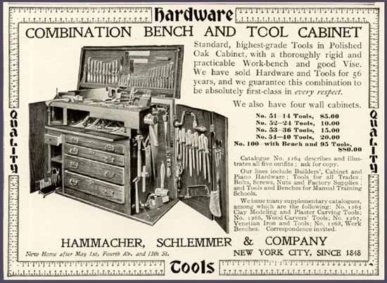 1904 HAMMACHER, SCHLEMMER WORKBENCH & TOOL CABINET AD  