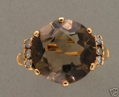 ESTATE VINTAGE 14K YELLOW GOLD ROUND SMOKY QUARTZ & 2 DIAMOND ROW RING 