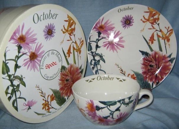 NIB Spode October Flower of Month Lg Cup Saucer 2007  