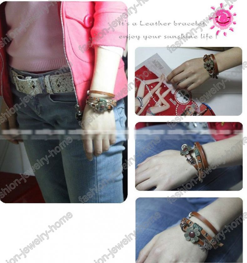 fashion Retro bronze real leather flower bracelet  