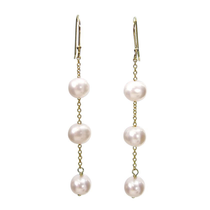 Dangling Pearl Tincup Earrings 18k Gold Plated w/3 Freshwater Pearls 6 