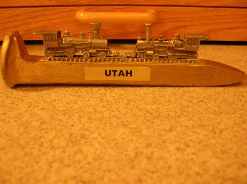   Golden Railroad Spike with 2 Miniature Trains Transcontinental  