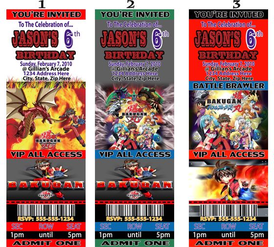 BAKUGAN BRAWLER Birthday Party Ticket Style Invitations  