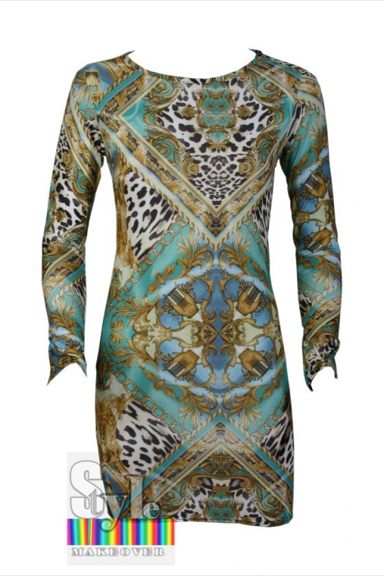 Women Party Chain Scarf Print Baroque Tunic Animal Print Top Bodycon 