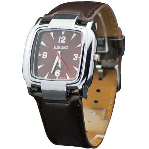 Hot Selling Square Face Style Mens Boys Leatheroid Quartz Wrist Watch 