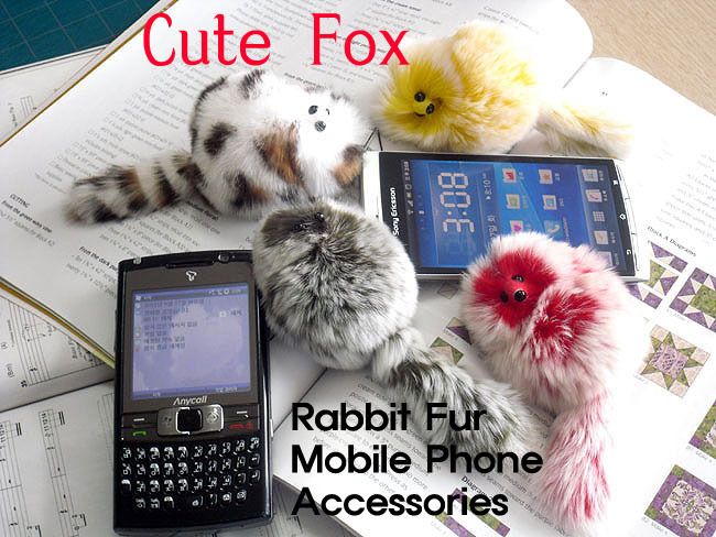 Cute Fox, Cell Phone Pom Pom Strap Genuine Rabbit Fur   14x6cm  