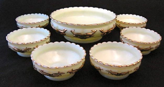 Heisey gilt custard WINGED SCROLL berry set, 7 p. EAPG  