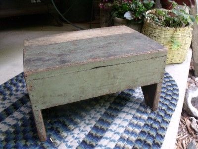 Rustic Primitive Antique Step Stool Original GREEN Paint SOLID Sturdy 