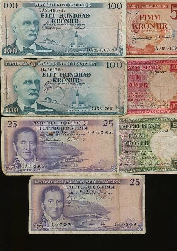 Banknote collection Iceland poor quality, 7 pcs  