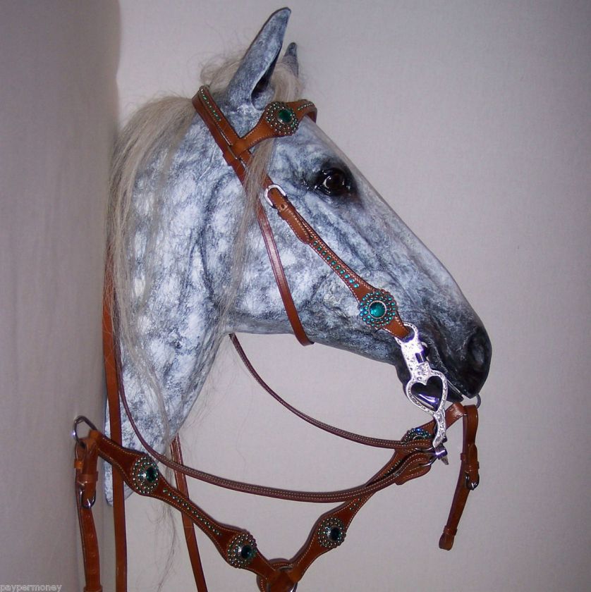 TEAL RHINESTONE BLING BRIDLE HEADSTALL CHESTNUT REIN BREAST COLLAR SET 