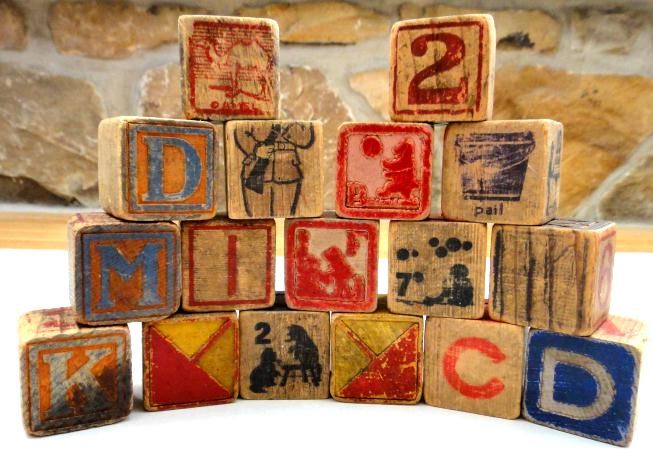 LOT antique WOODEN TOY BLOCKS alphabet 17 PC pictures★  