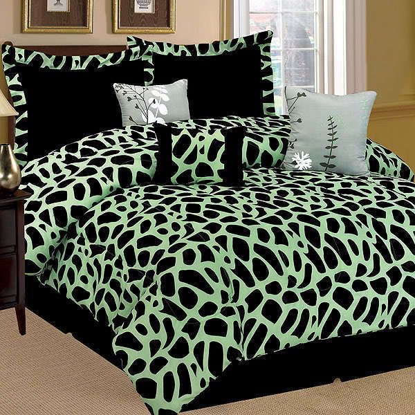 7PC Kenya Giraffe Animal Print Comforter Set Green Black KING Size Bed 