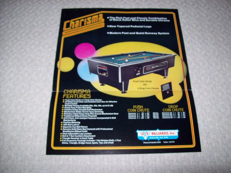 VINTAGE US BILLIARDS CHARISMA POOL TABLE SALES FLYER  