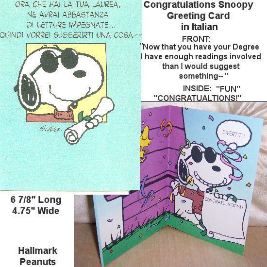 New Snoopy Hallmark Greeting Card in Italian Joe Cool Graduation 
