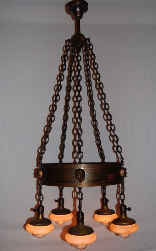 Arts & Crafts Brass Monk Chandelier w/ Shades Hubbell  