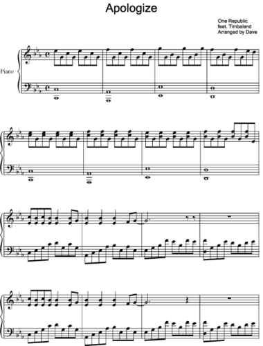 APOLOGIZE   PIANO MUSIC SHEET   ONE REPUBLIC TIMBALAND  