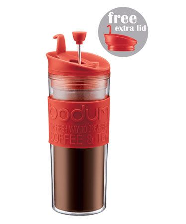 BODUM RED TRAVEL COFFEE PRESS WITH BONUS LID   15 oz  