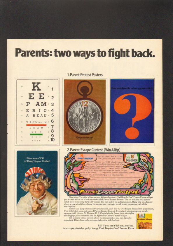 1969 Print Ad Chef Boyardee frozen pizza parents escape  