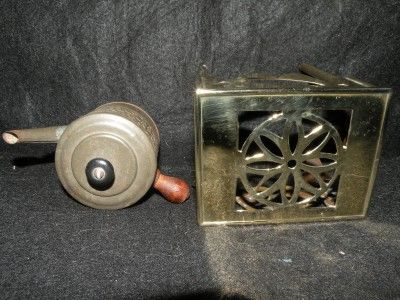 ANTIQUE BRASS MINIATURE TRIVET FOOTMAN & TIN TEA KETTLE  