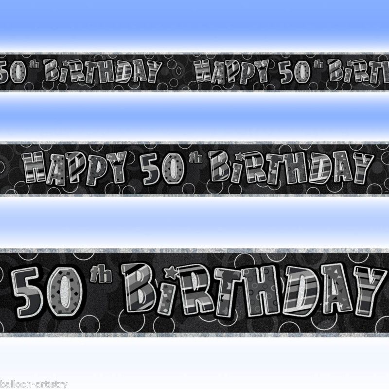 12ft Happy 50th Birthday BLACK GLITZ Prismatic Banner  