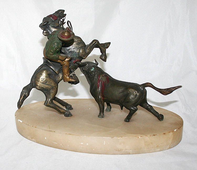 Antique Bronze Metal Enamel Bull Fighting Statue 1920c  