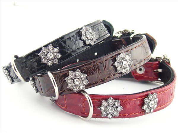 11 Genuine Leather Dog Collar CRYSTAL FLOWERS Studs  