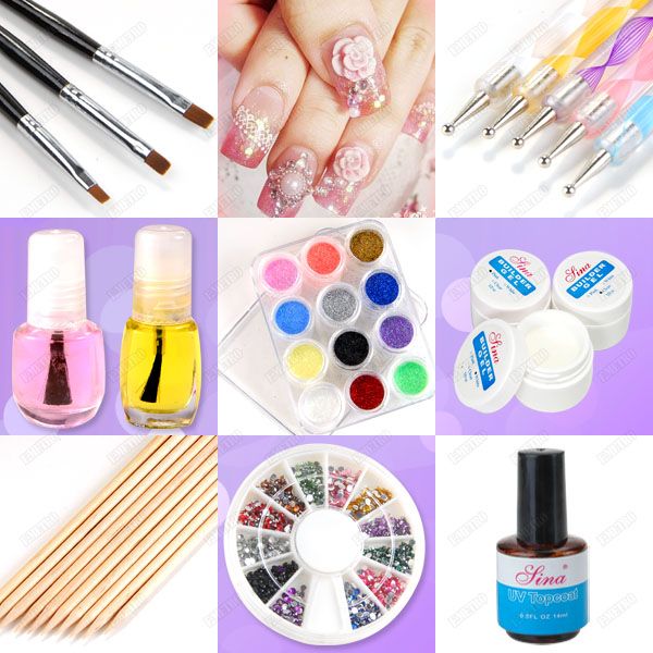 Nail Art Large Set UV Gel Glitter False Tips + 9w Lamp  